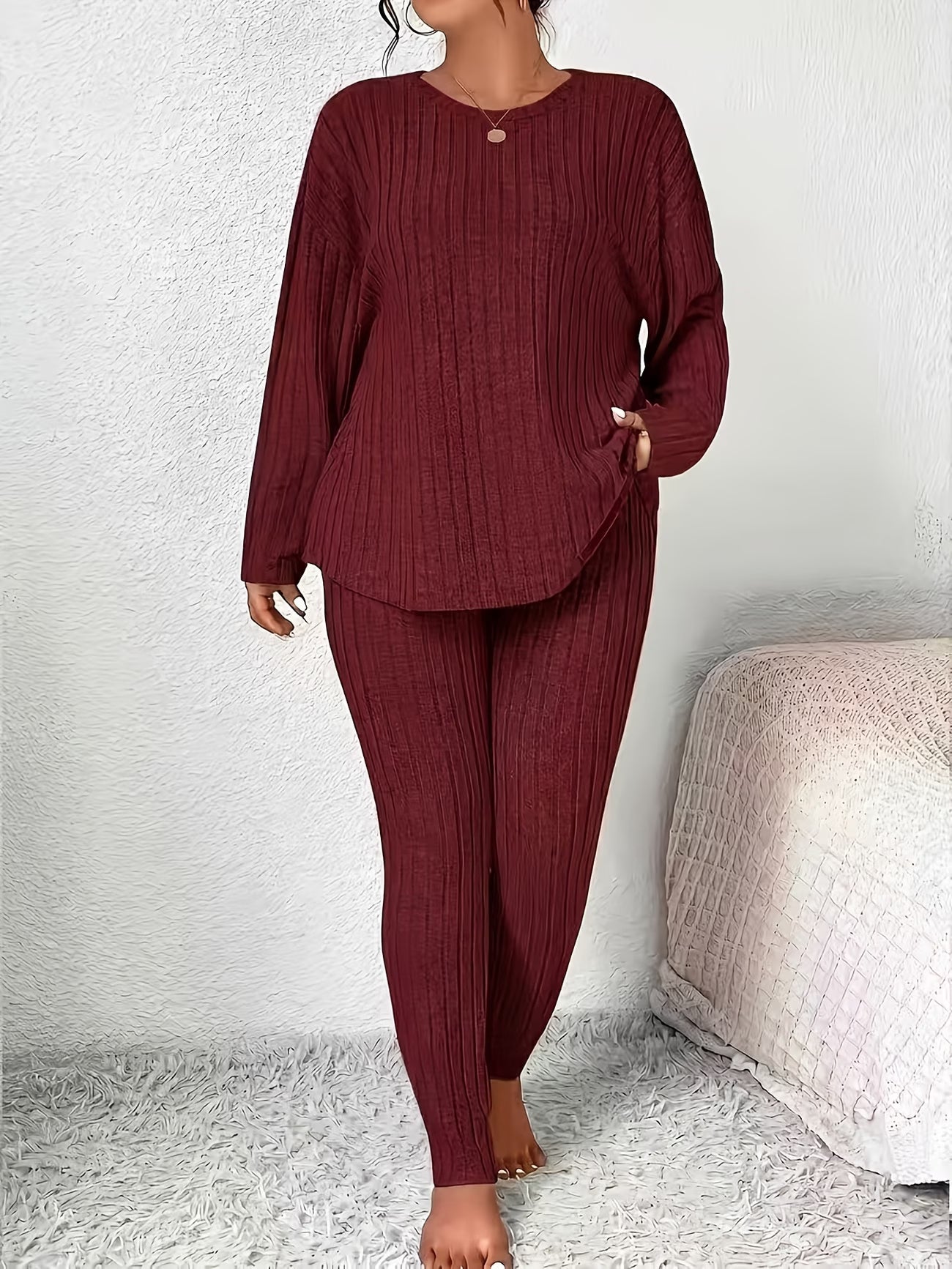 Solid Colour Long-Sleeve Top & Trousers Casual Set