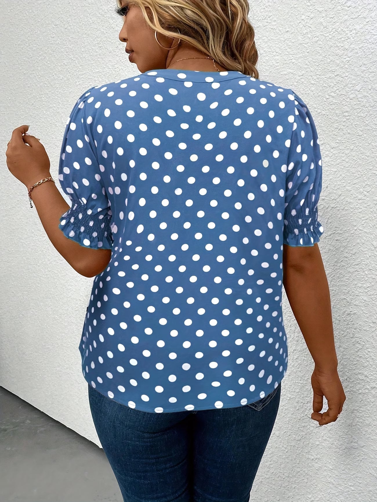 Plus Size Polka Dot Puff Sleeve Blouse