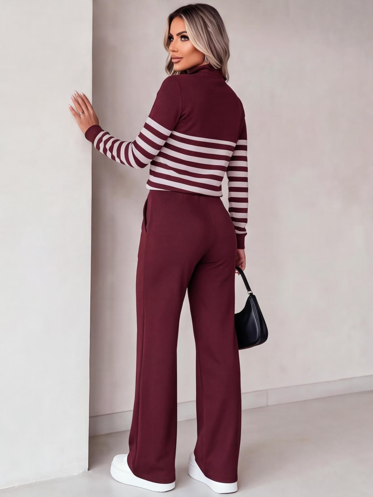 Women’s Striped Patchwork Top & Slim-Fit Trousers Set