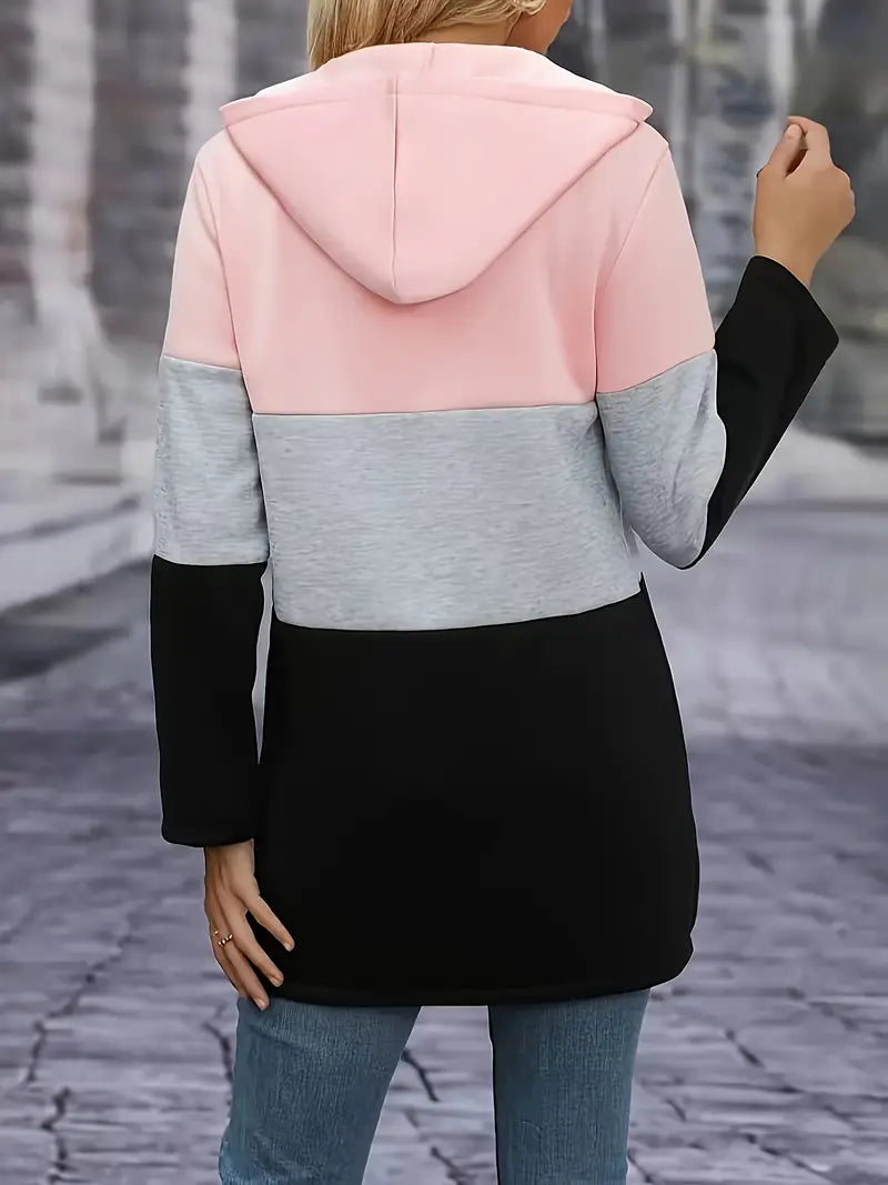 Women's Casual Hooded Full-Zip Color-Block Jacket