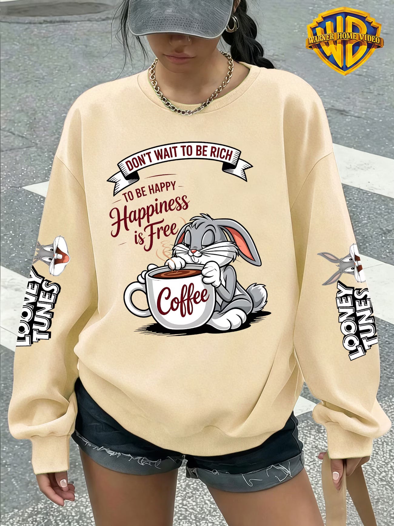 Women's Crew Neck Sweatshirt – Coffee-Themed Cartoon Bunny Graphic
