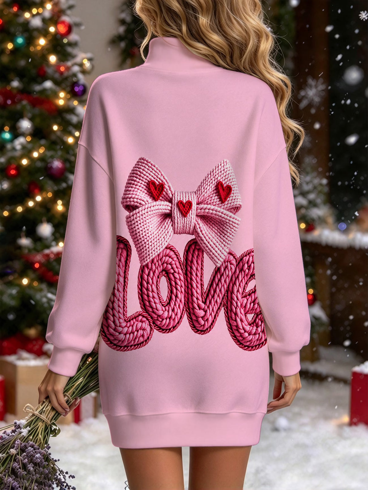 Women's Pink Love & Bow Print High-Neck Sweatshirt