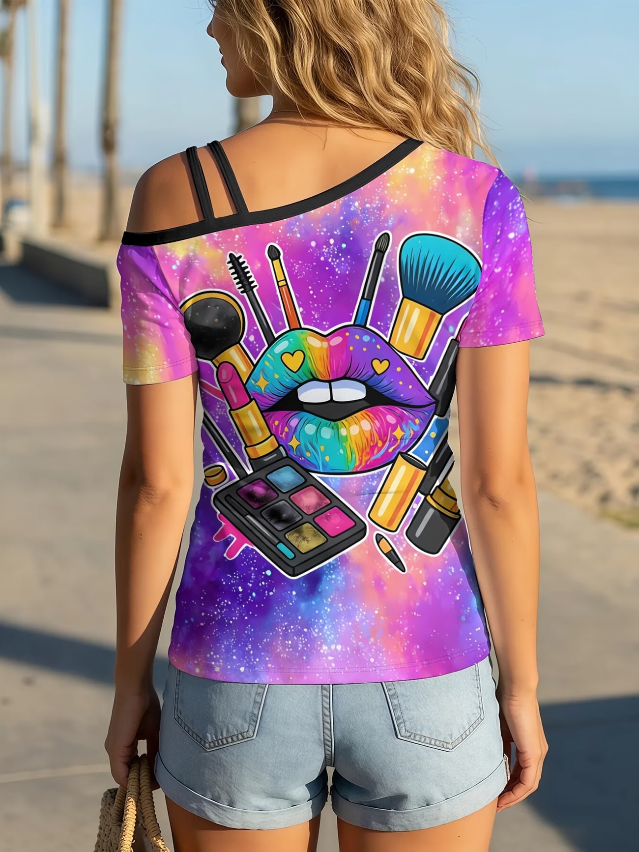 Rainbow Lips & MakeupWomen's One-shoulder Short-sleeve T-shirt with Unique Asymmetrical Design and Trendy Prints,