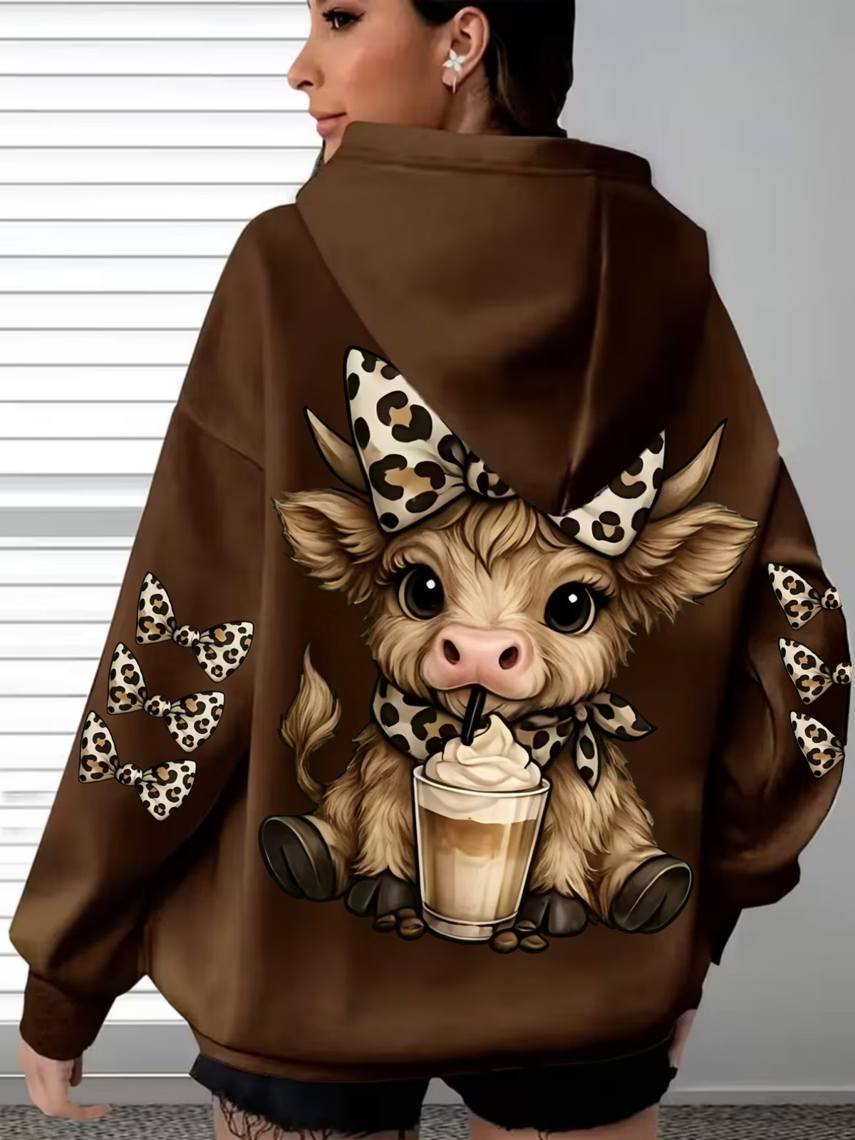 Casual Hooded Leopard Print Bow Highland Cow Print Sweatshirt