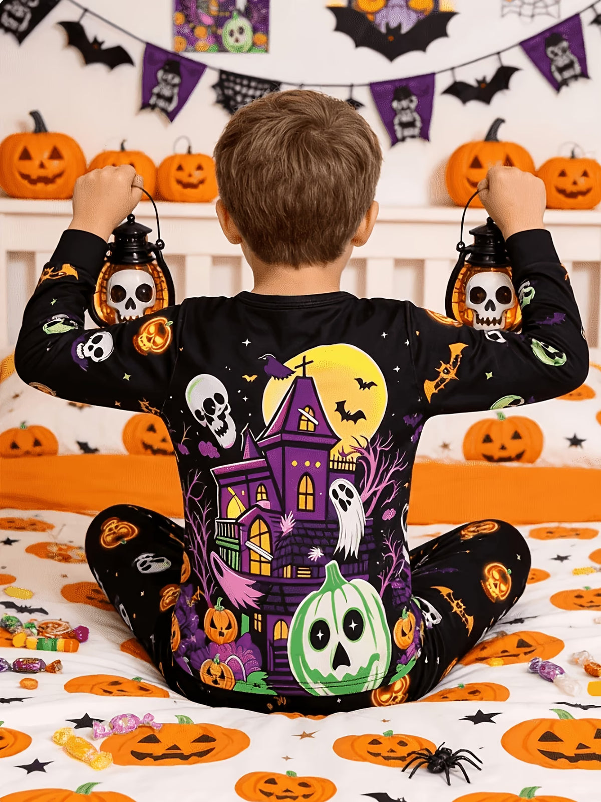 Kids’ Halloween Print Long Sleeve Top & Trousers Set – Black