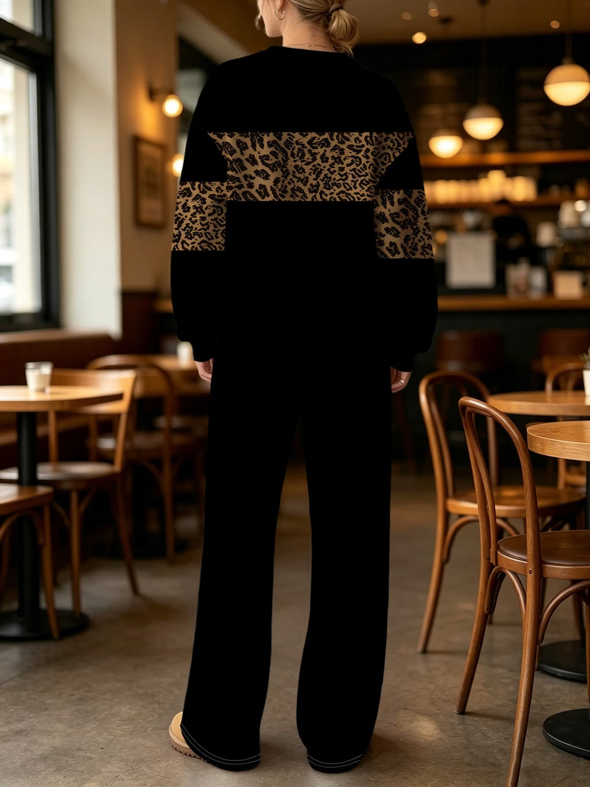 Women's Leopard Print Patchwork Crew-Neck Sweatshirt Set