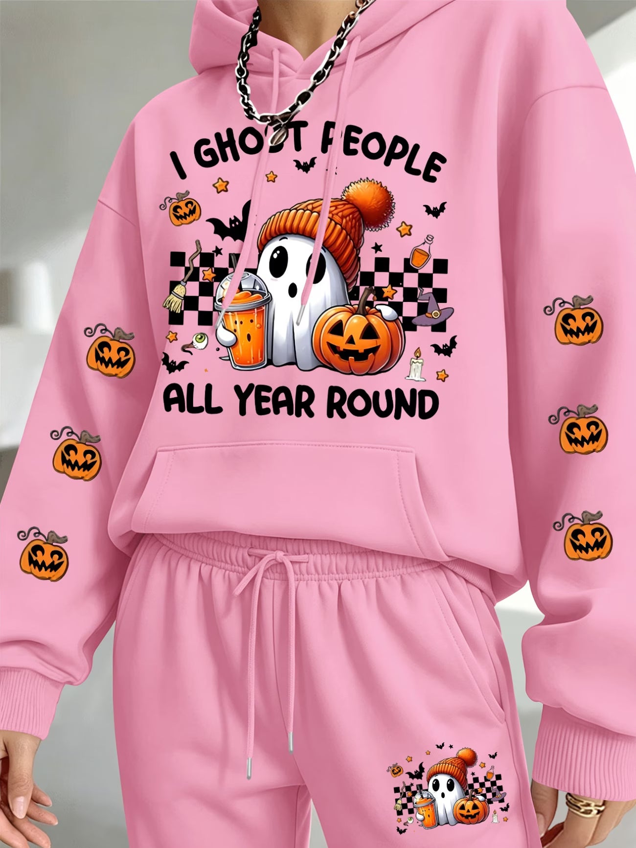Women's Halloween Ghost & Jack-O'-Lantern Print Hoodie & Jogger Set