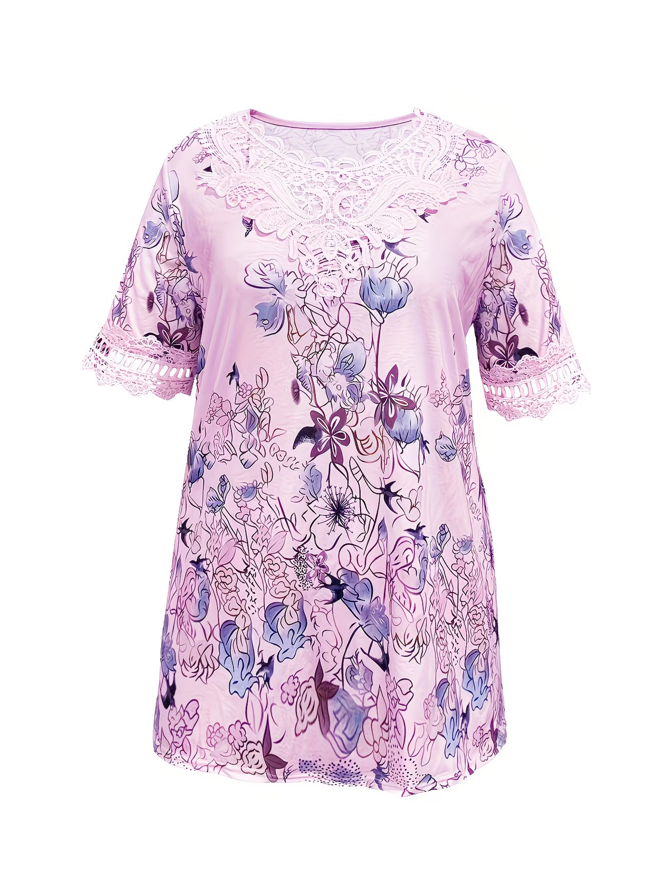 Vertical Stripe Floral 3D Print Lace Collar Top — Plus Size