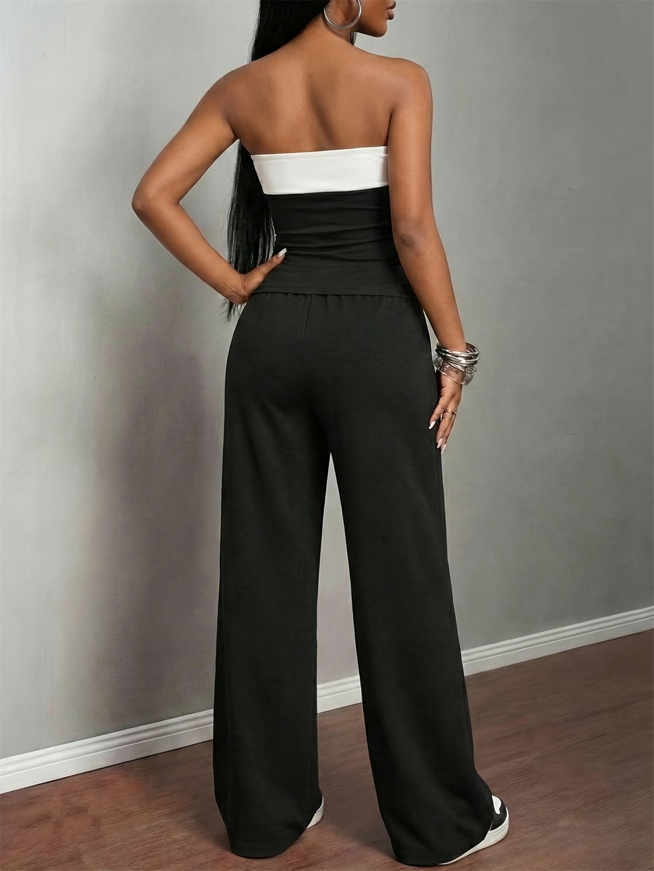 Butterfly Print Two-Piece — Strapless Top & Wide-Leg Pants
