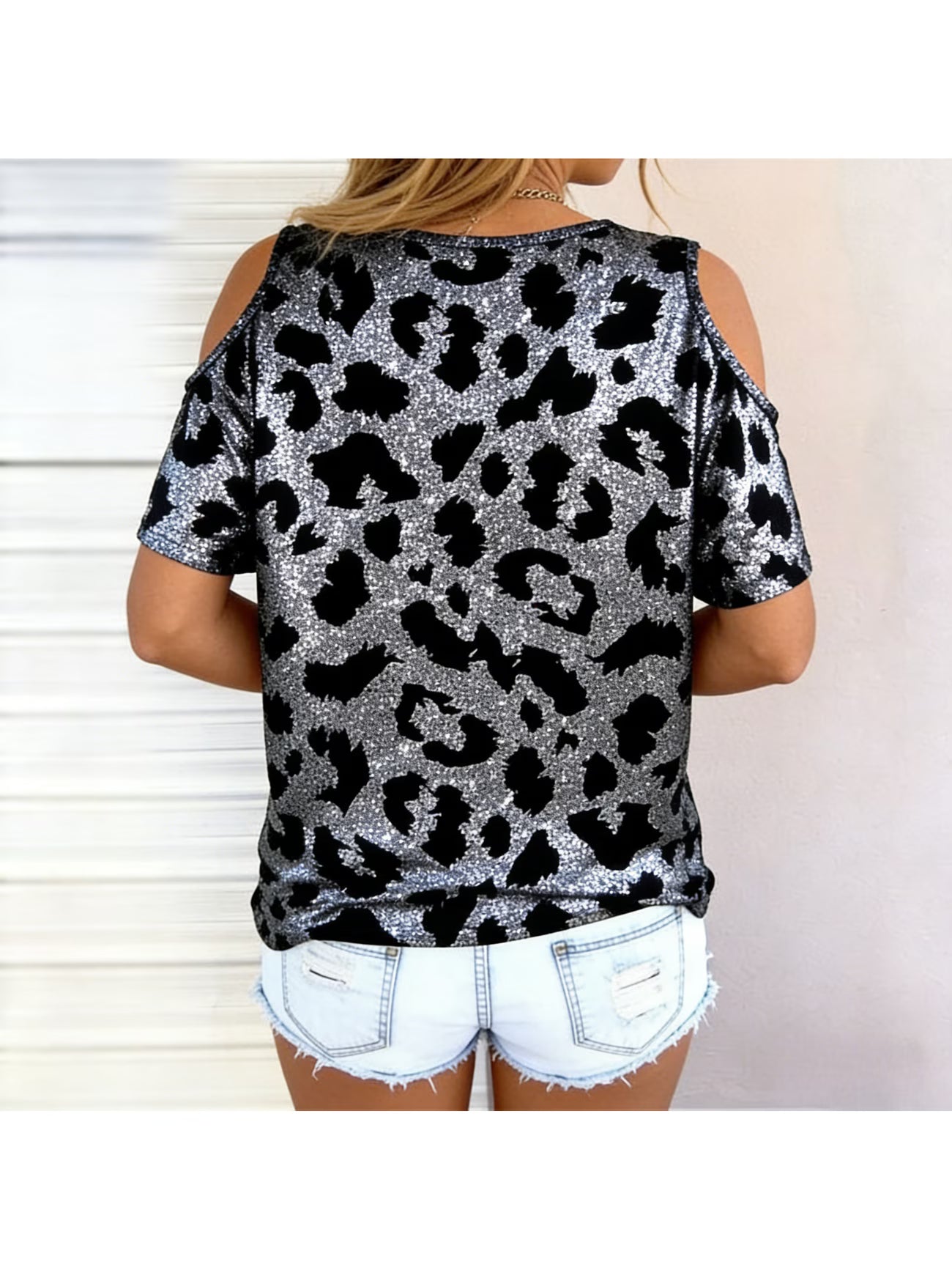 Silver Prowl Sequin Off-Shoulder Top – Leopard Print Short Sleeve T-Shirt