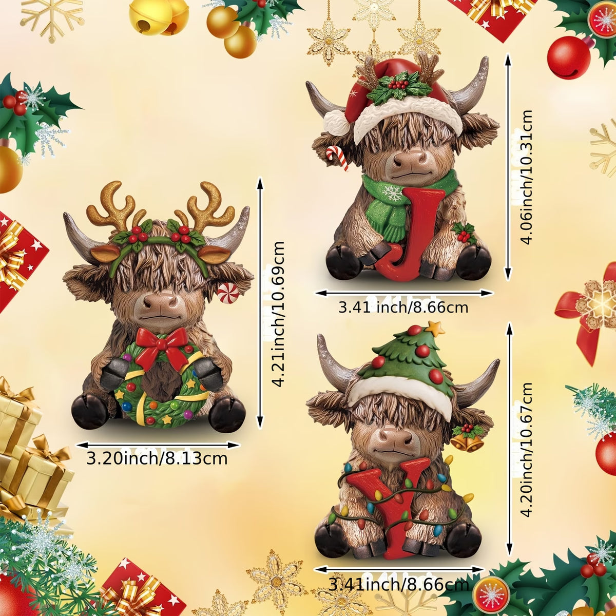 3pcs Scottish Highland Cow Ornaments with JOY Letters & Antlers