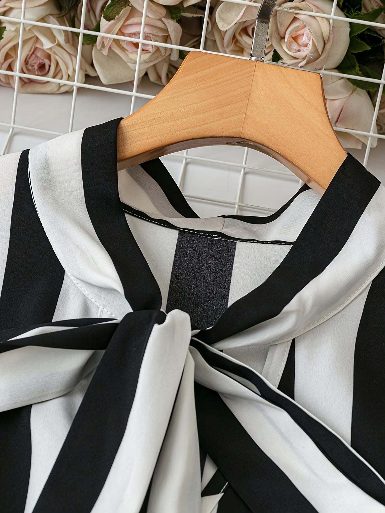 Plus Size Striped Tie-Neck Ruffle Sleeve Blouse
