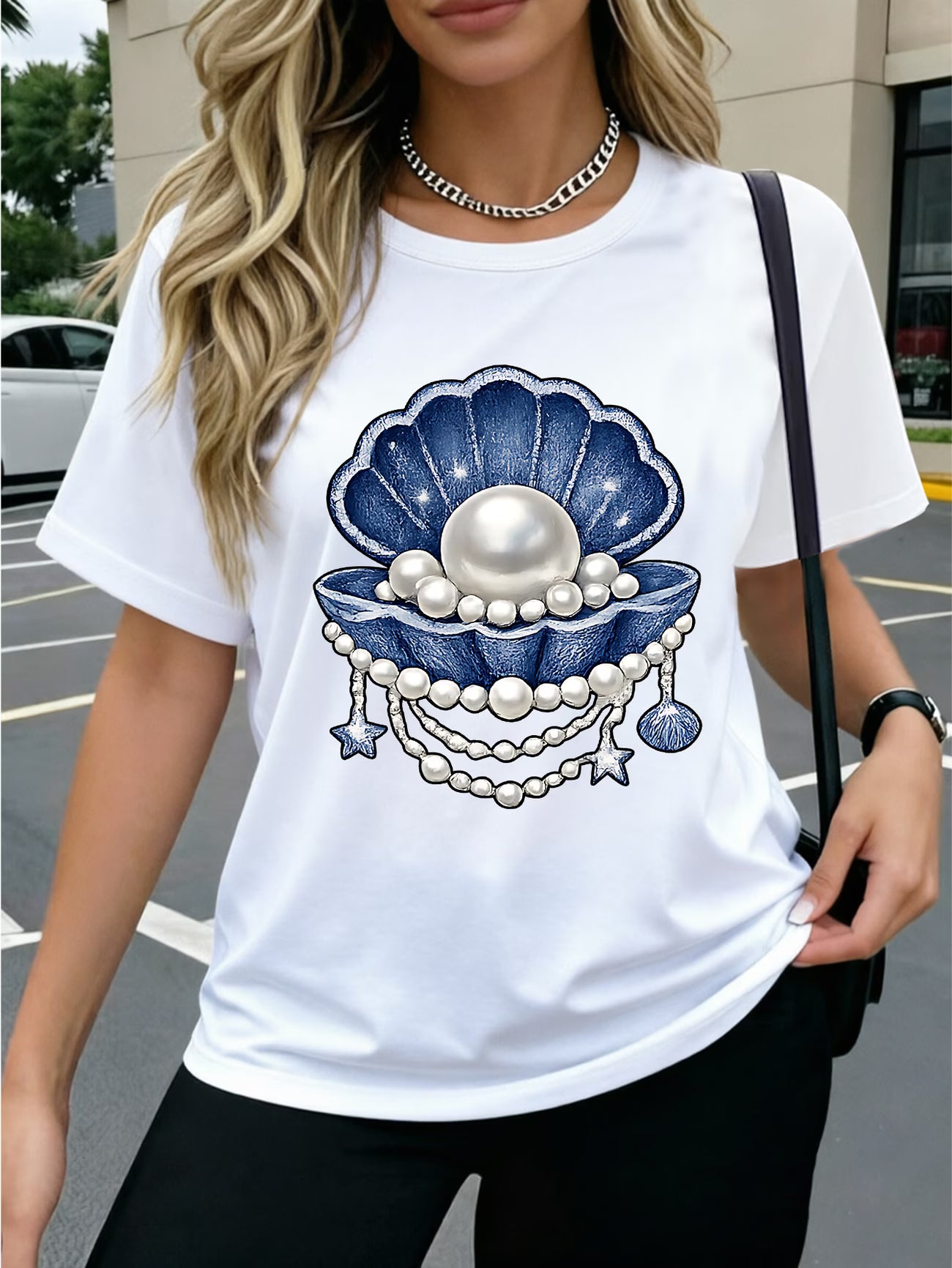 Pearl Denim Bow Heart T-Shirt Denim Fabric