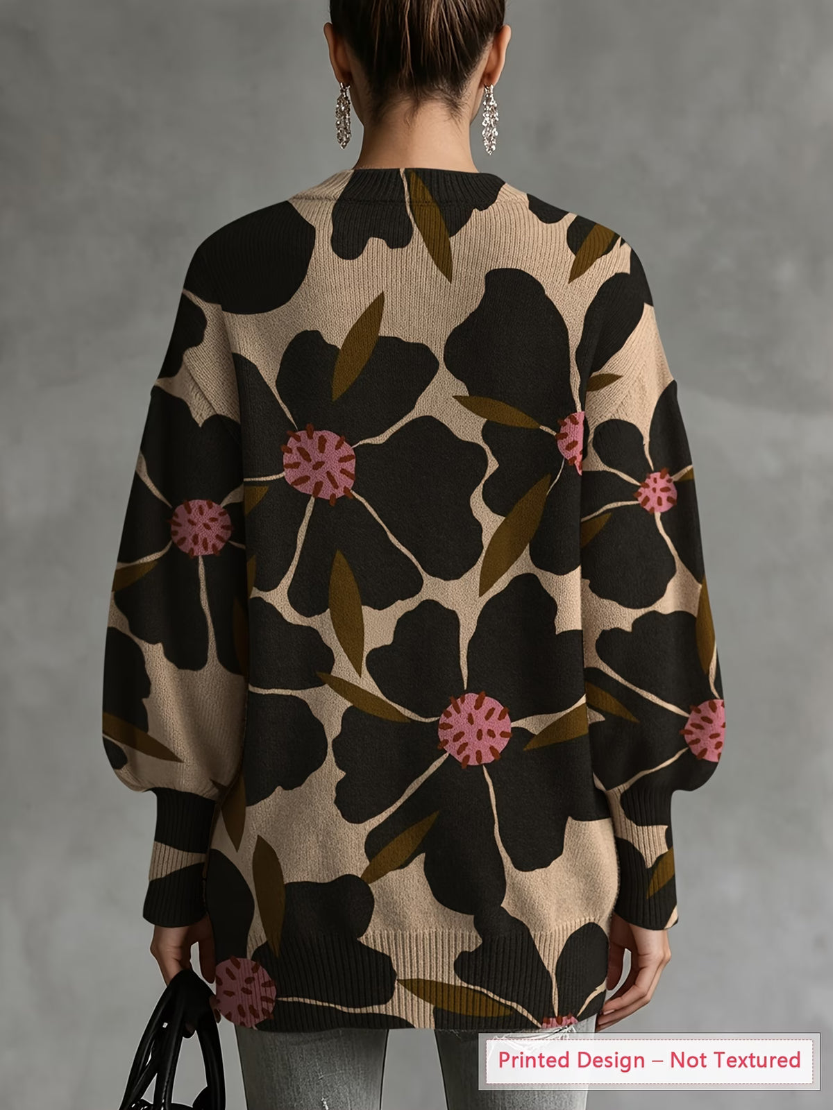 Women's Oversized Abstract Floral Sweater with Lantern Sleeves