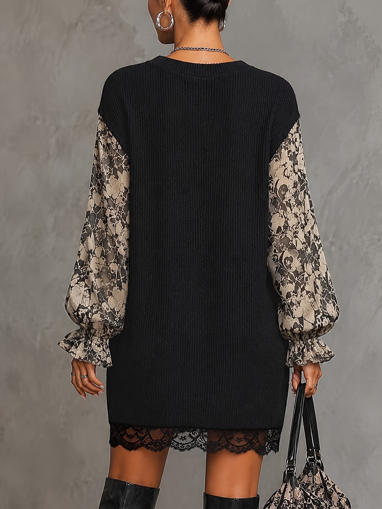 Women's Autumn Winter Western Retro Dark Patchwork Floral Lantern Sleeve Dress