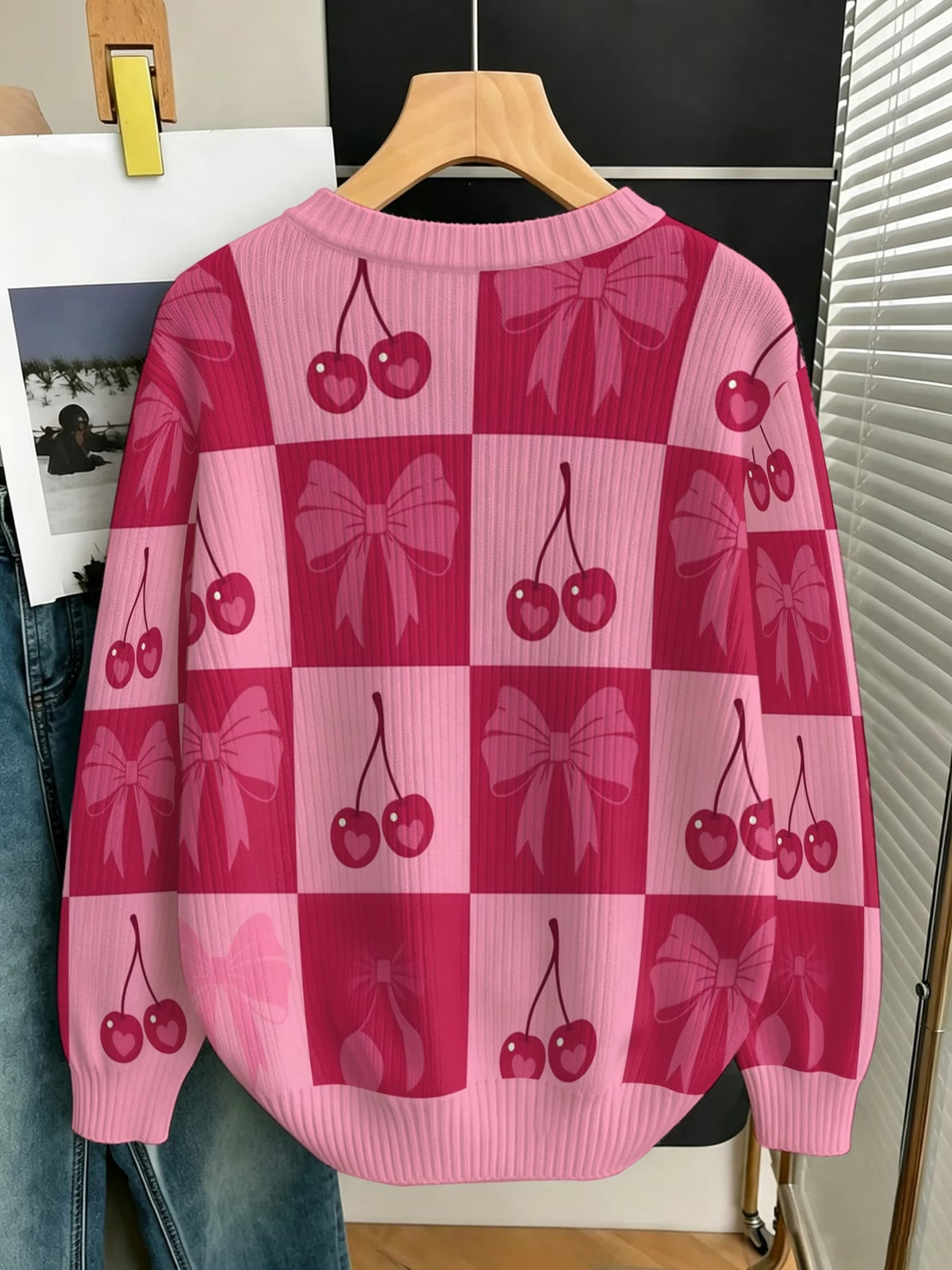 Women's Checkered Bow Print Pullover Sweater