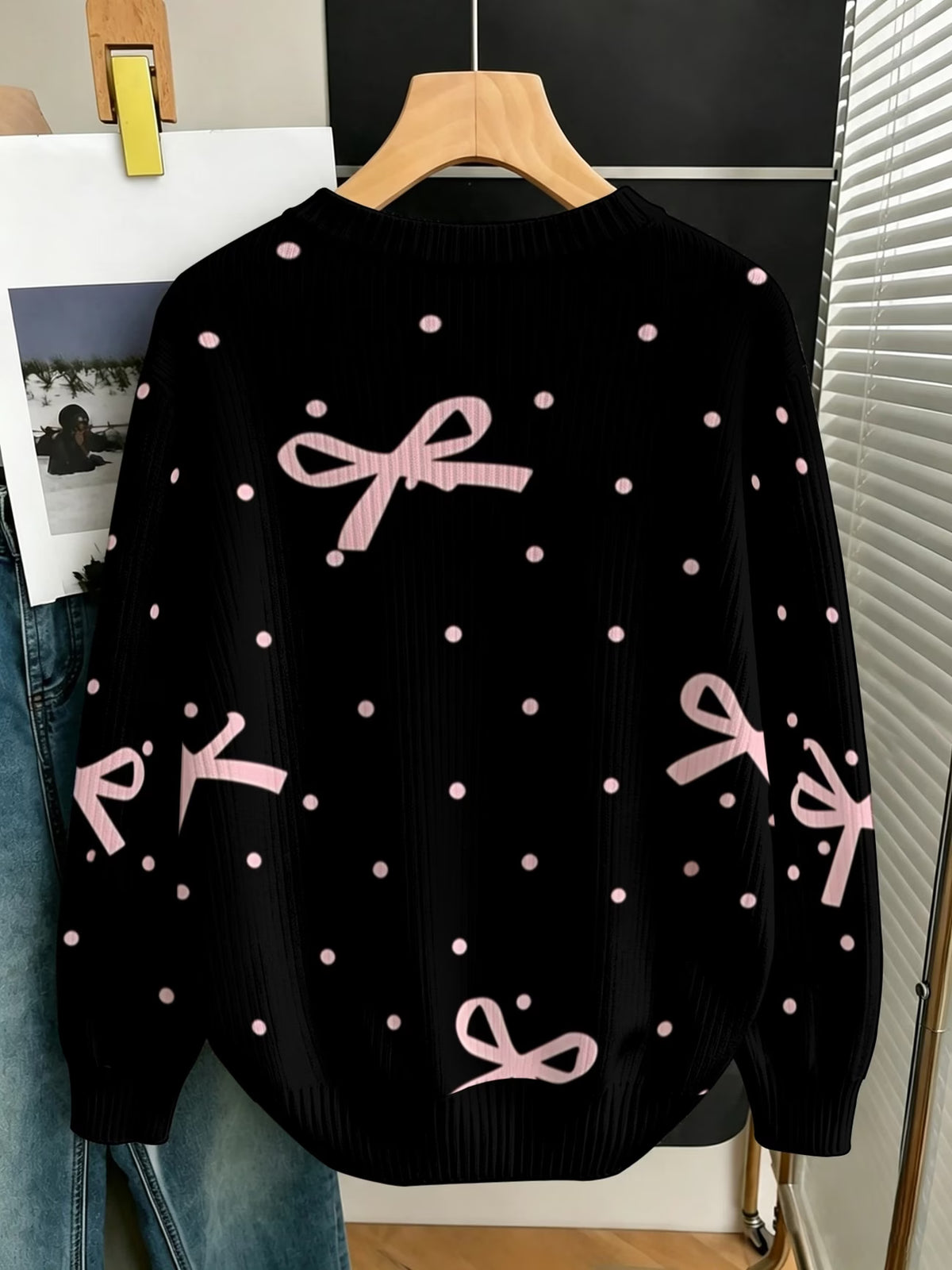 Women's Black Pullover with Pink Bows & Polka Dots