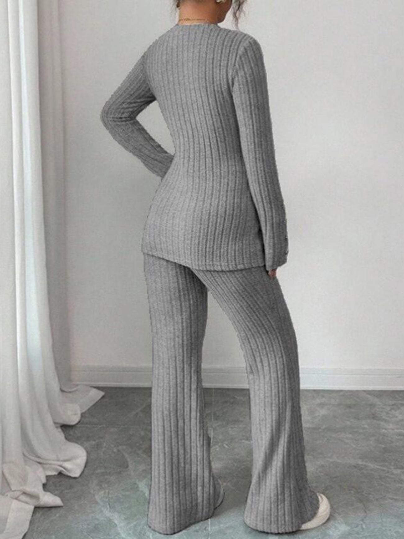 Solid Ribbed V Neck Long Sleeve Slip Hem Tops and Straight Pants,