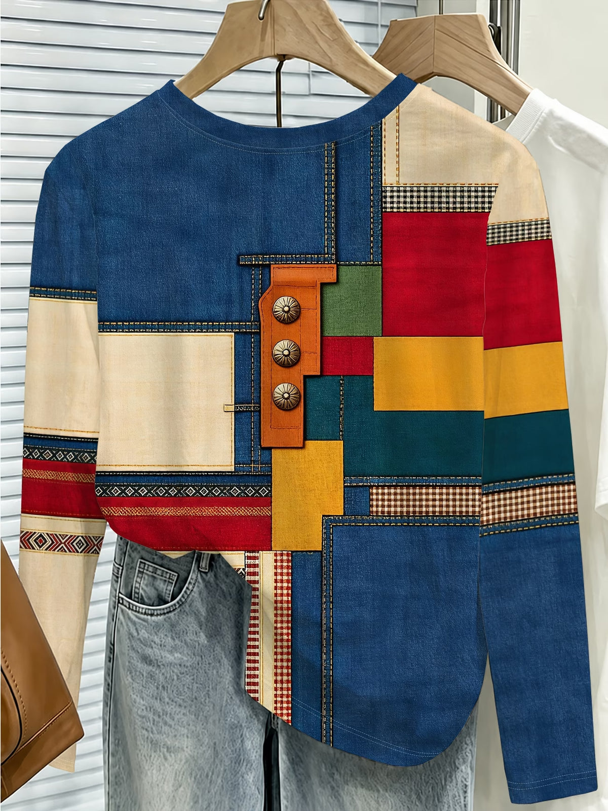 Women's Colourful Denim-Effect Patchwork Print Long Sleeve Top