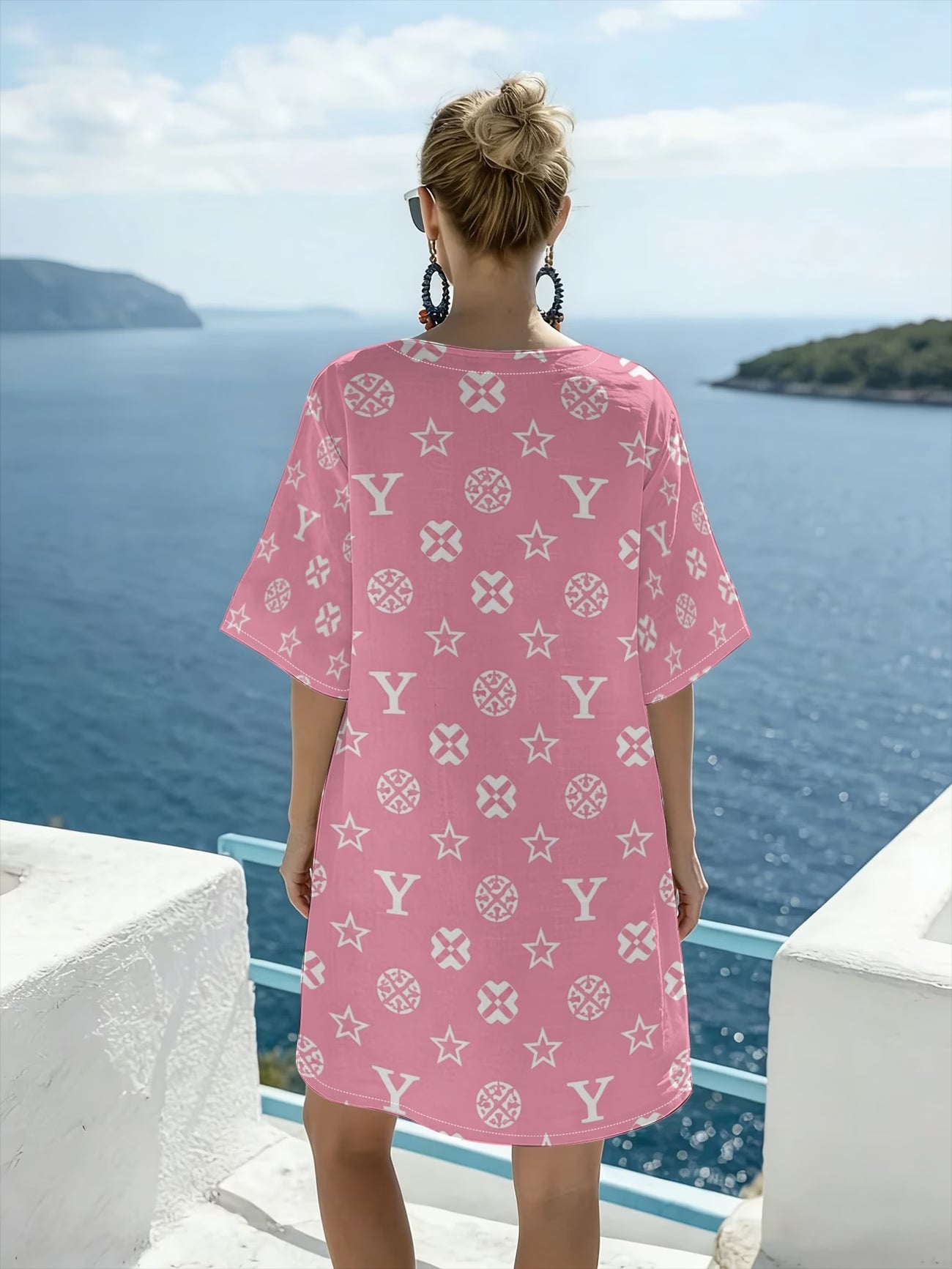 Sweet Style Pink Letter Print V-Neck Midi Dress
