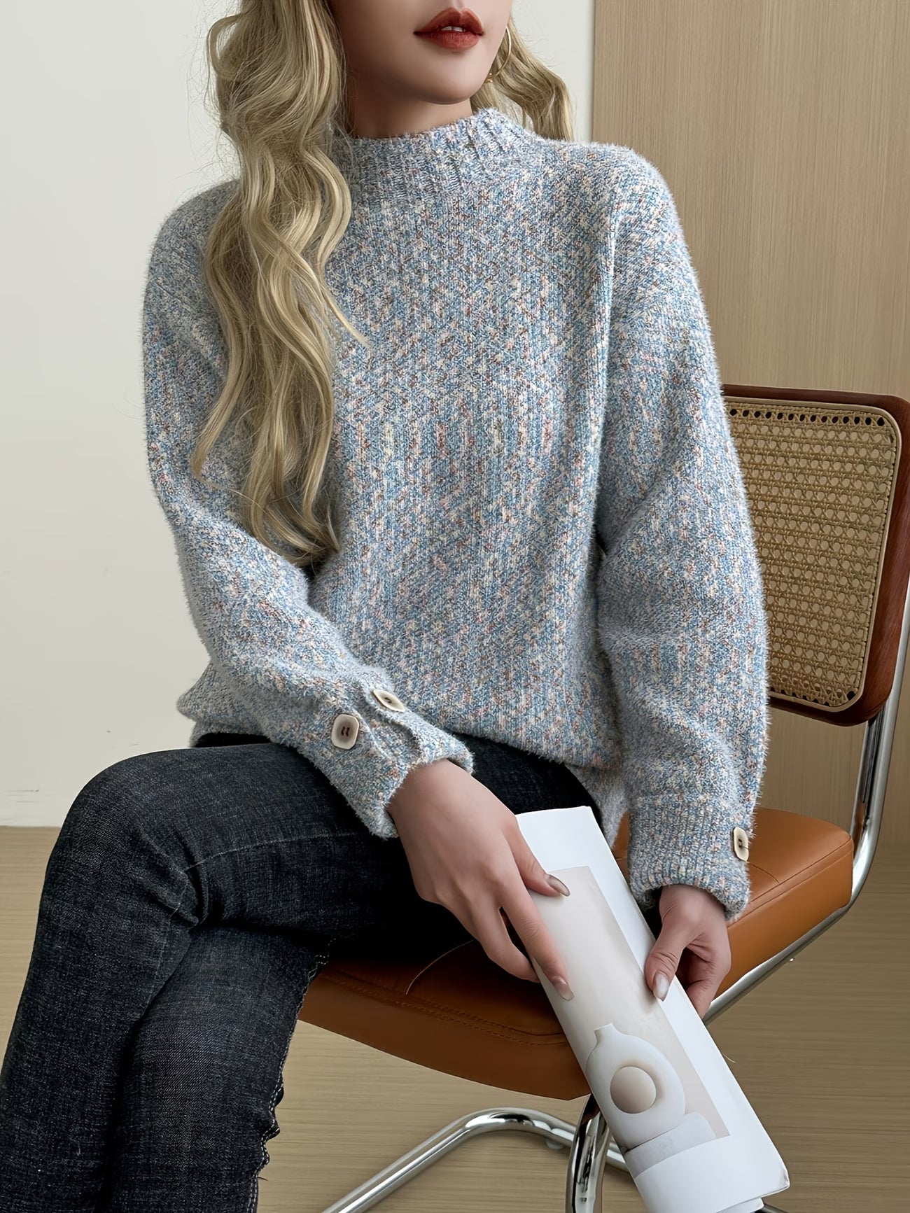 Chenille Faux Mink Short Pullover Sweater – Lace Semi-High Neck