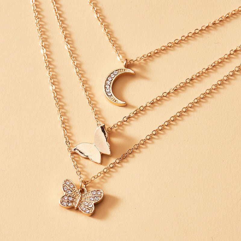 Multi-layer Crystal Butterfly & Moon Pendant Necklace