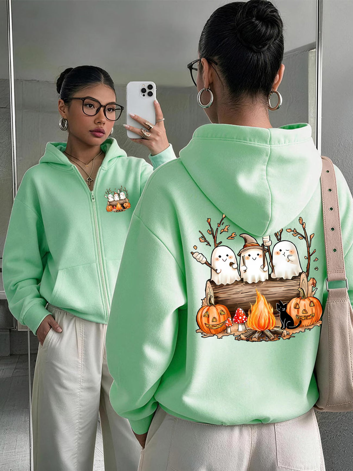 Halloween Cartoon Print Y2K Zip-Up Hoodie | Loose Hooded Cardigan Outerwear