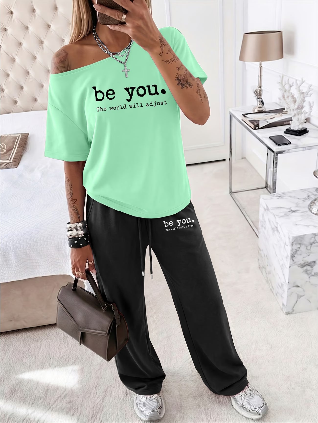"Be You, The World Will Adjust" Slogan Off-Shoulder Top & Wide Leg Trousers 2-Piece Set