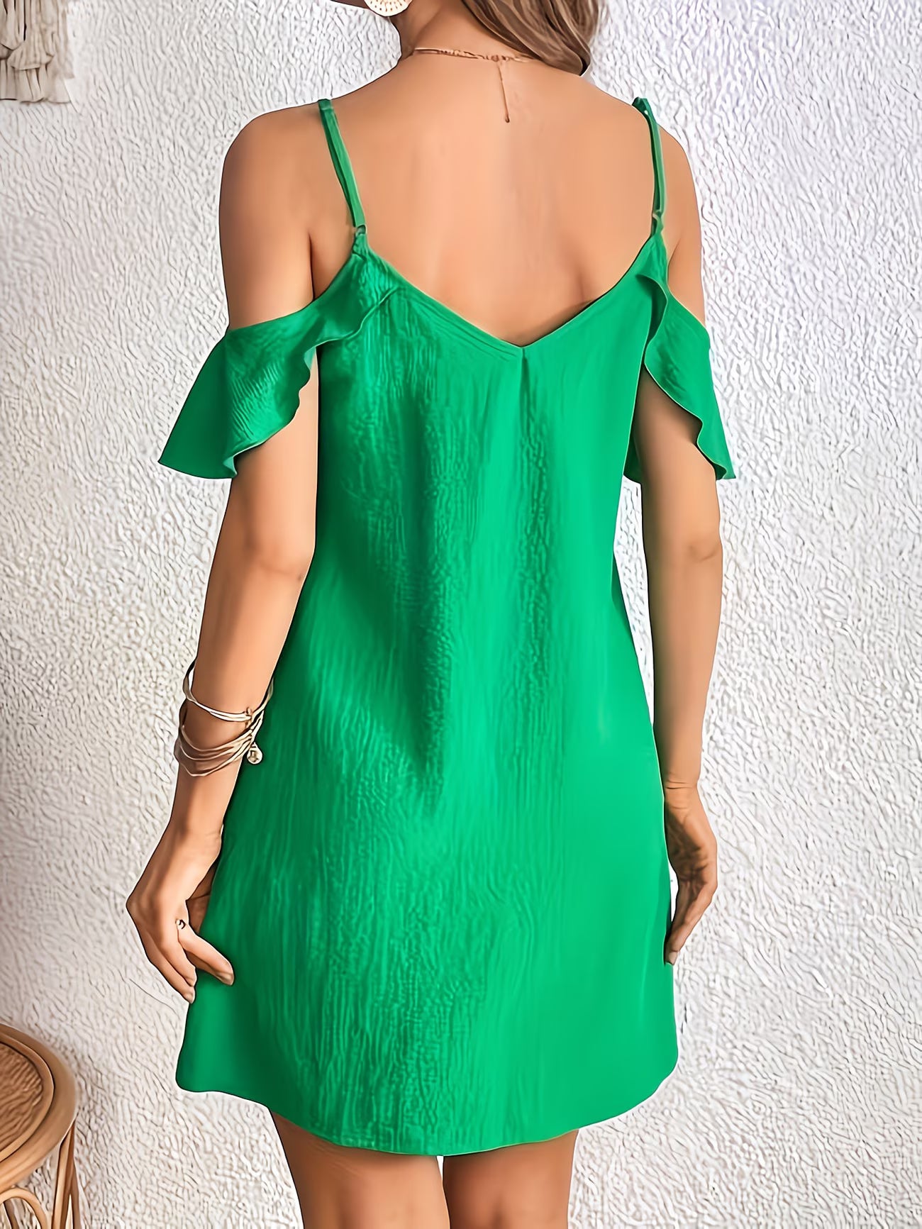 Ruffle Sleeve Off-Shoulder Dress – V-Neck Spaghetti Strap
