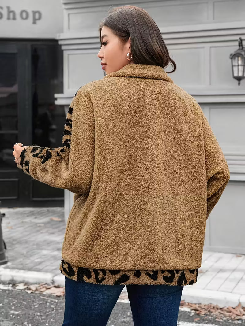 Plus Size Women'S Leopard Print Fleece Jacket