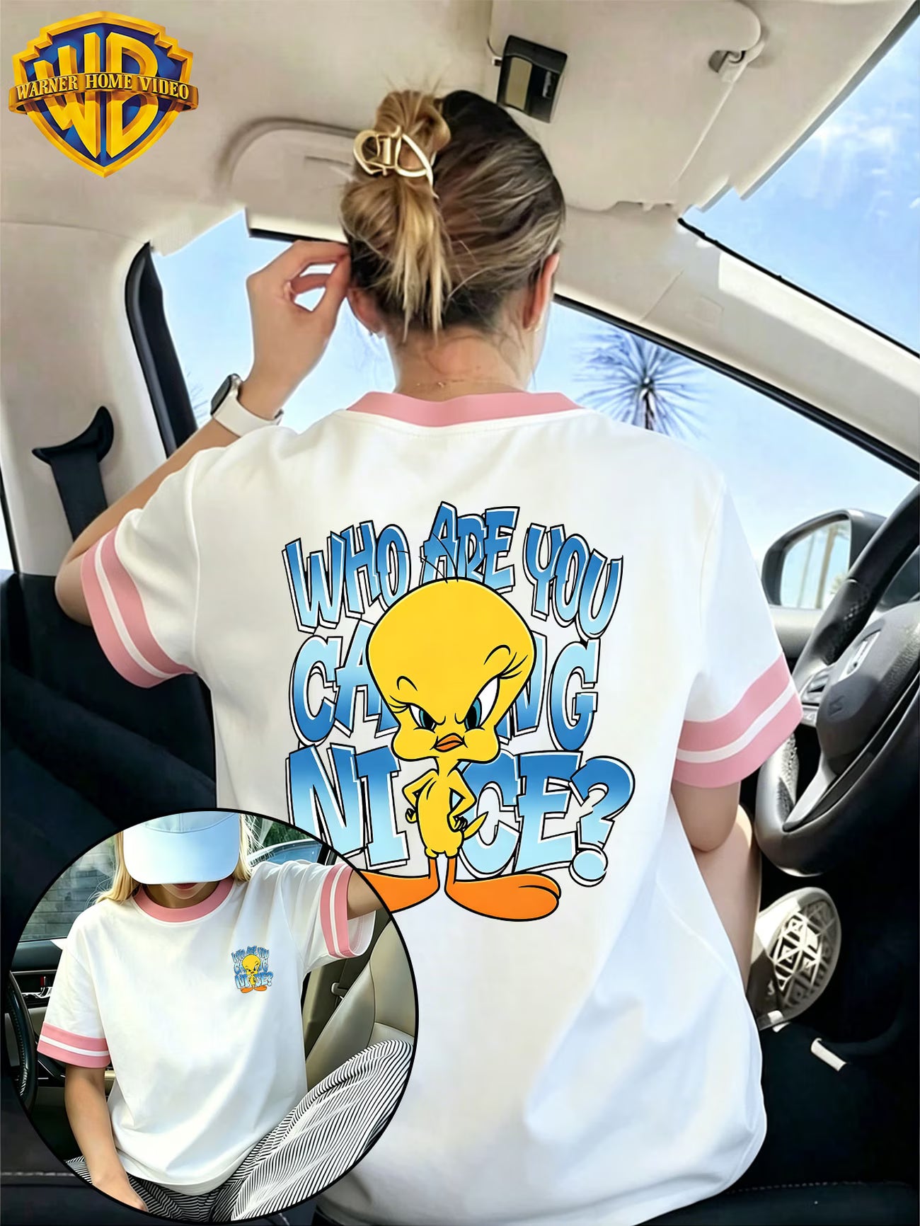 Summer Top with Bubble Letter Yellow Bird Cartoon Front & Back Prints