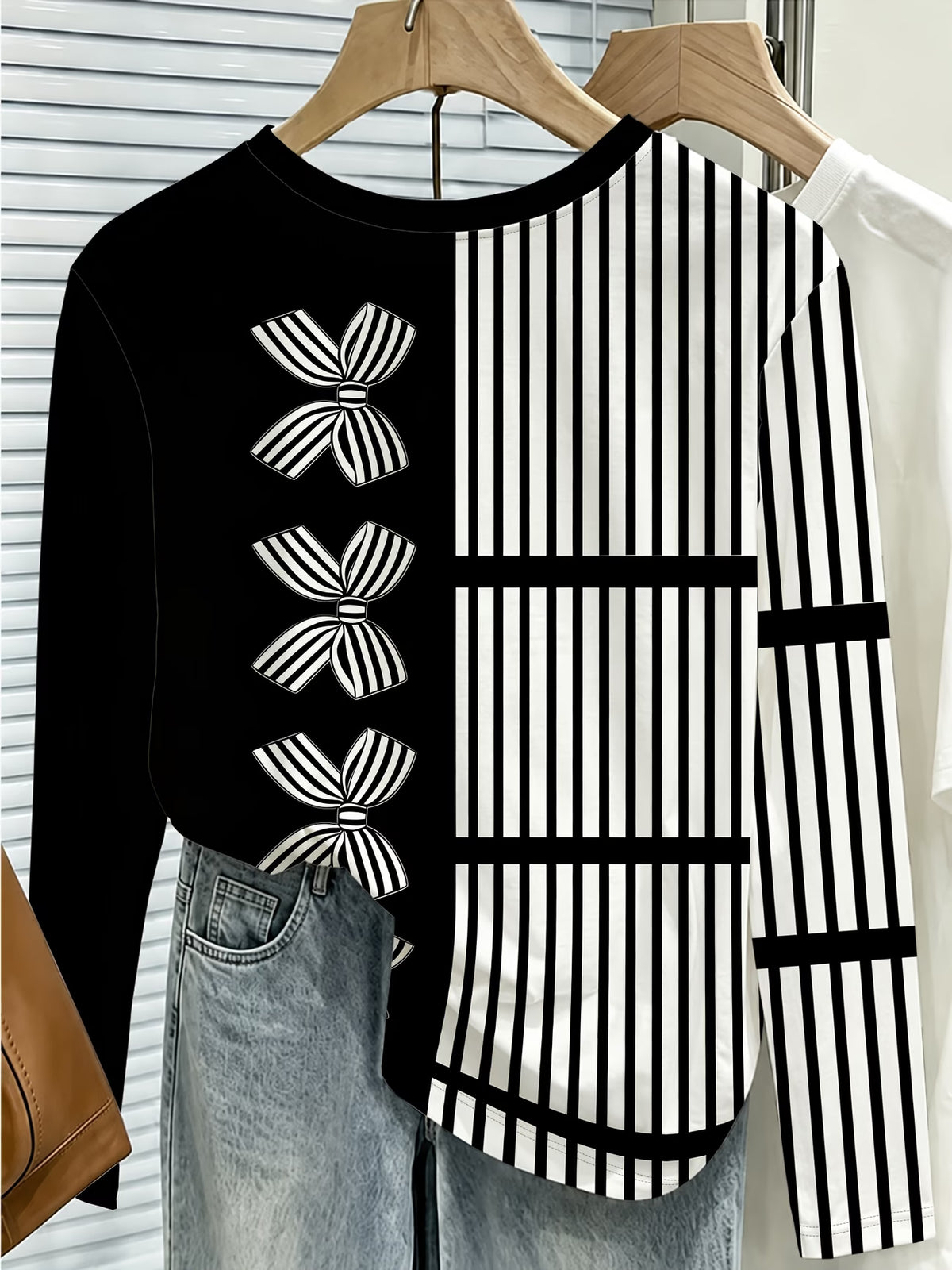 Black & White Vertical Stripe Bow Print Long Sleeve Top