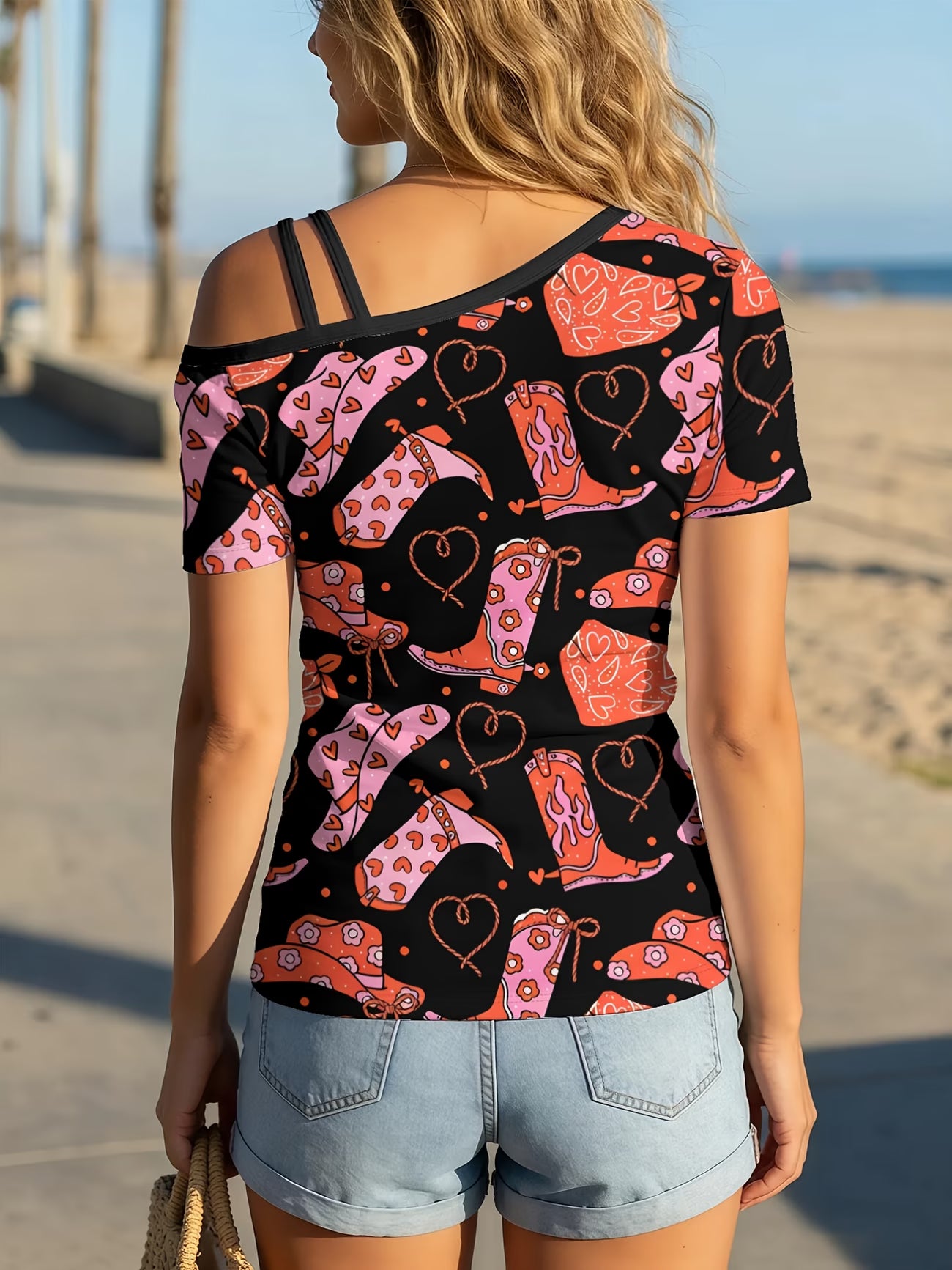 Women's One-Shoulder Short-Sleeve T-Shirt - Asymmetrical Cowboy Print Top with Asymmetrical Neckline