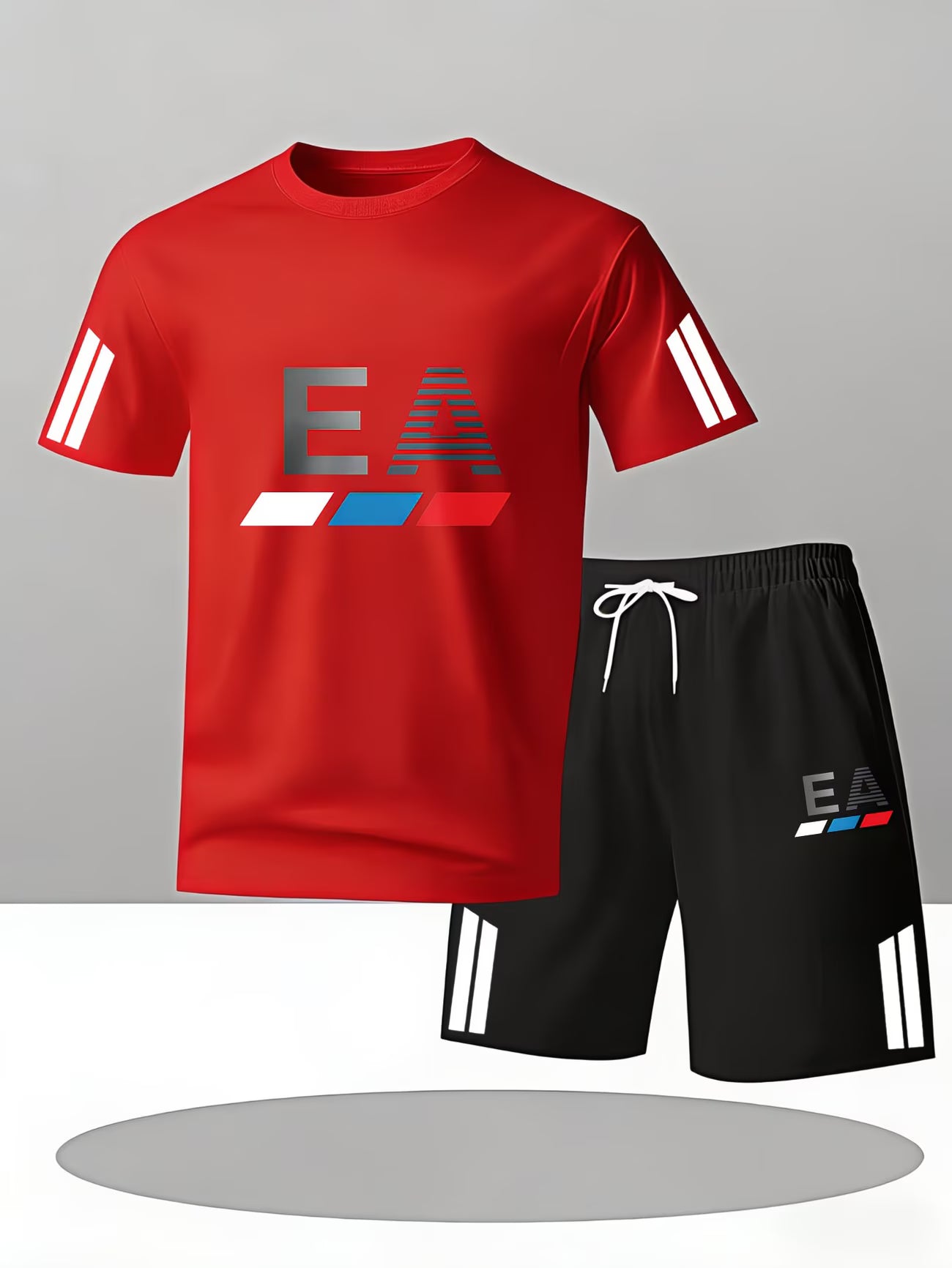 Men's Casual Sportswear Set – EA Logo & Colour Block T-Shirt