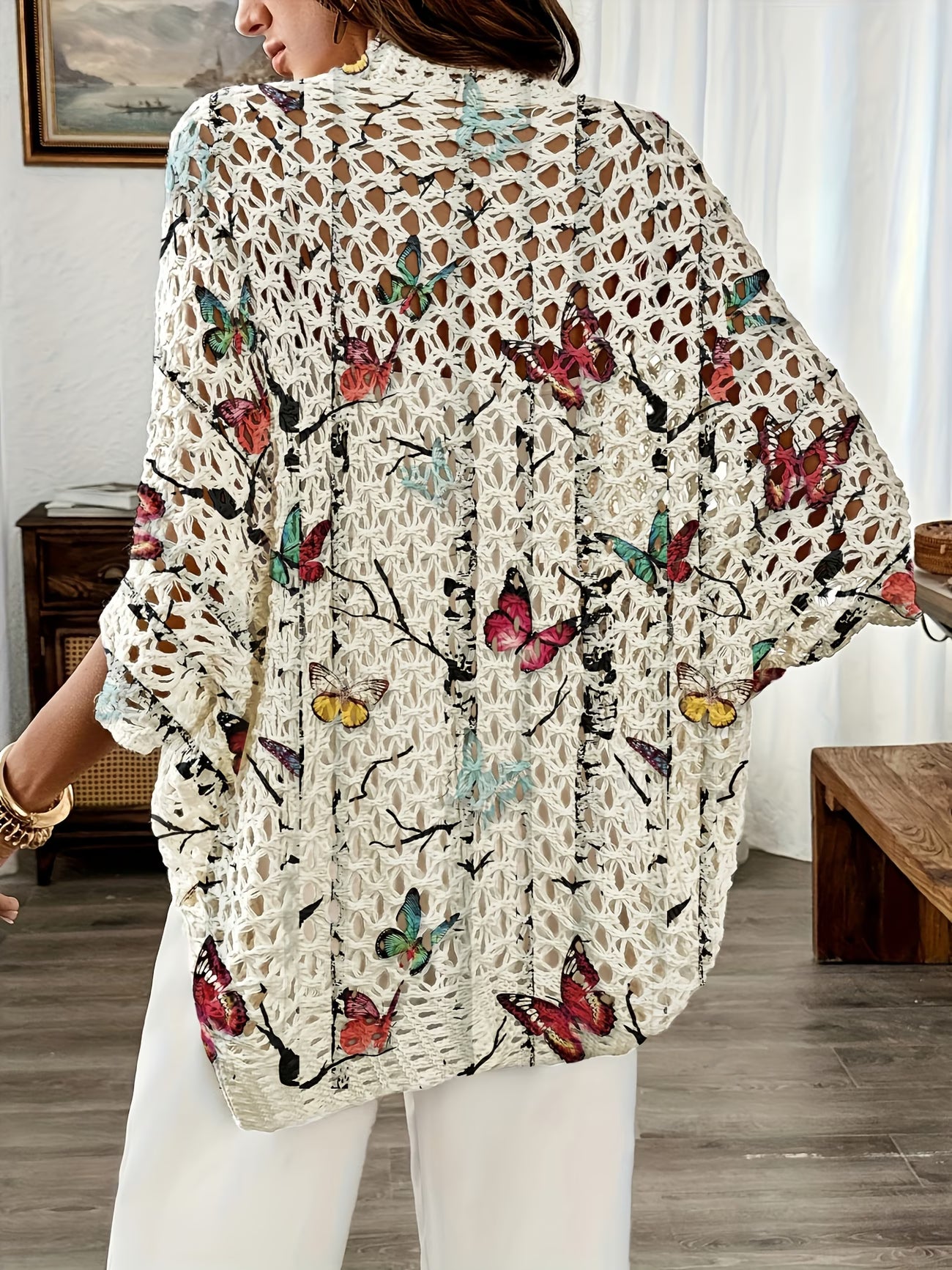Women's V-Neck Cutout Cardigan | Vintage Butterfly Print