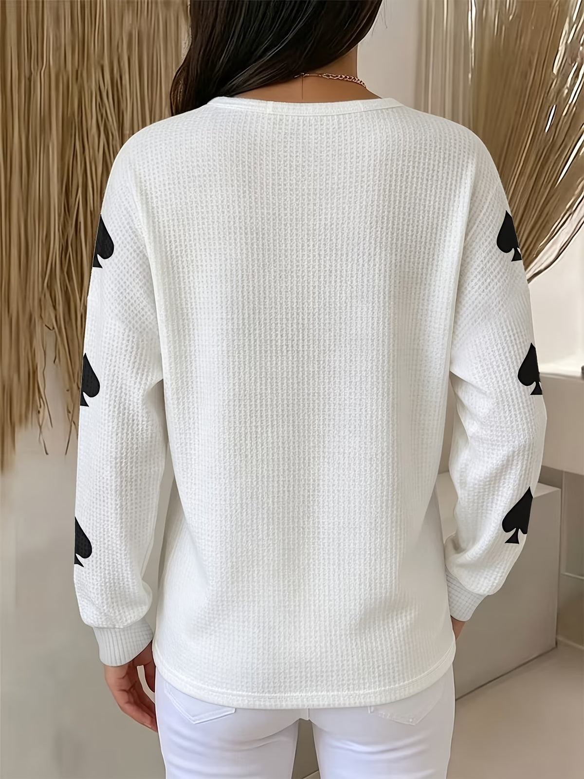 Women’s White & Black Sweatshirt with Heart & Bow Print