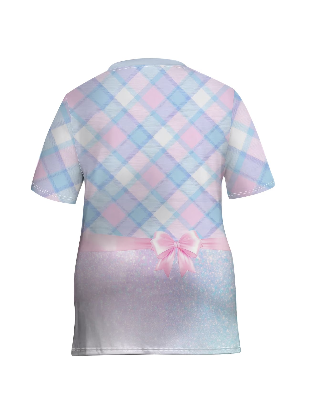 Pink & Blue Checkered Bow Glitter Print Side Slit T-Shirt – Plus Size