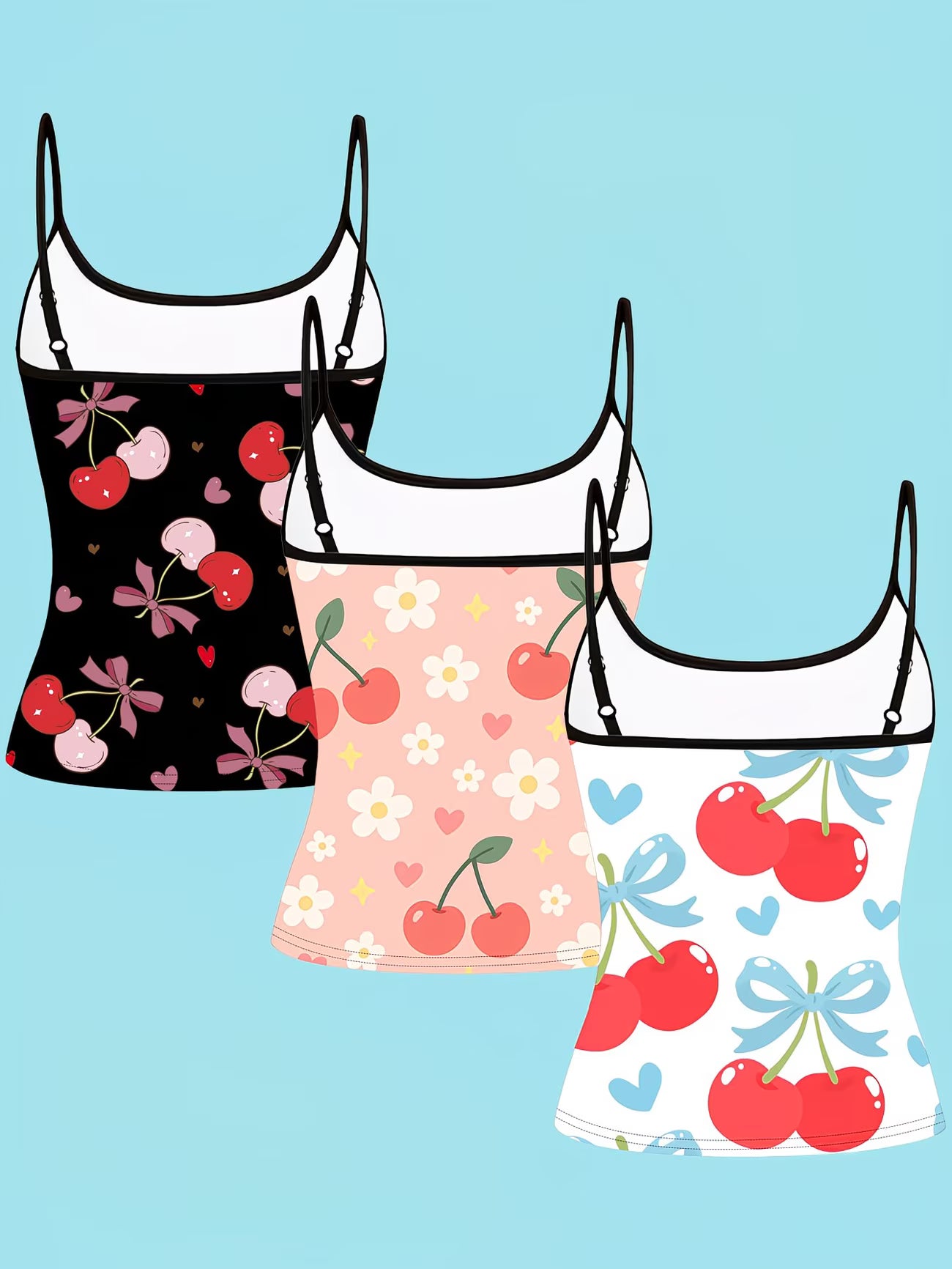 Cherry Blossom & Daisy Heart Print Camisole Set – 3-Piece Women's Spaghetti Strap Top