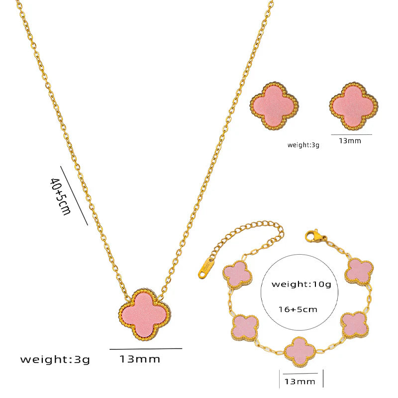 Clover Titanium Jewellery Set — Bracelet, Necklace & Earrings | Gold & Mother-of-Pearl