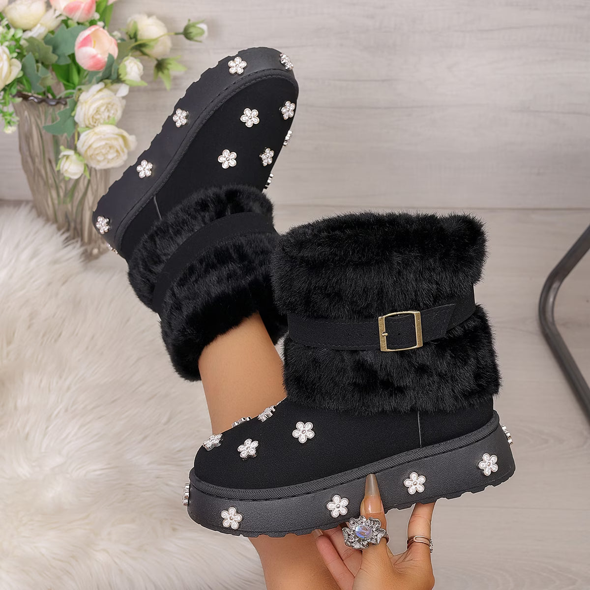 Women's Platform Snow Boots with Rhinestone Floral Buckle