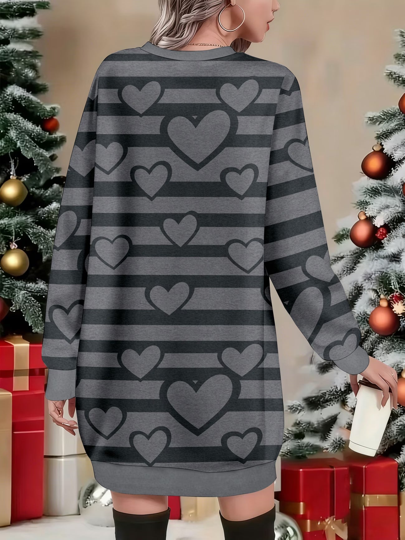 Women's Elegant Heart-Print Sweatshirt Dress