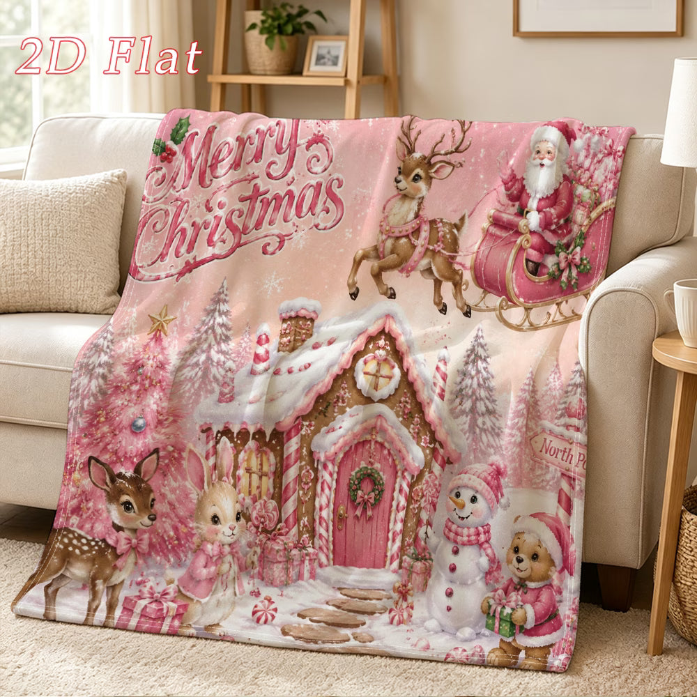 Pink Christmas Flannel Blanket with Gingerbread House & Festive Characters