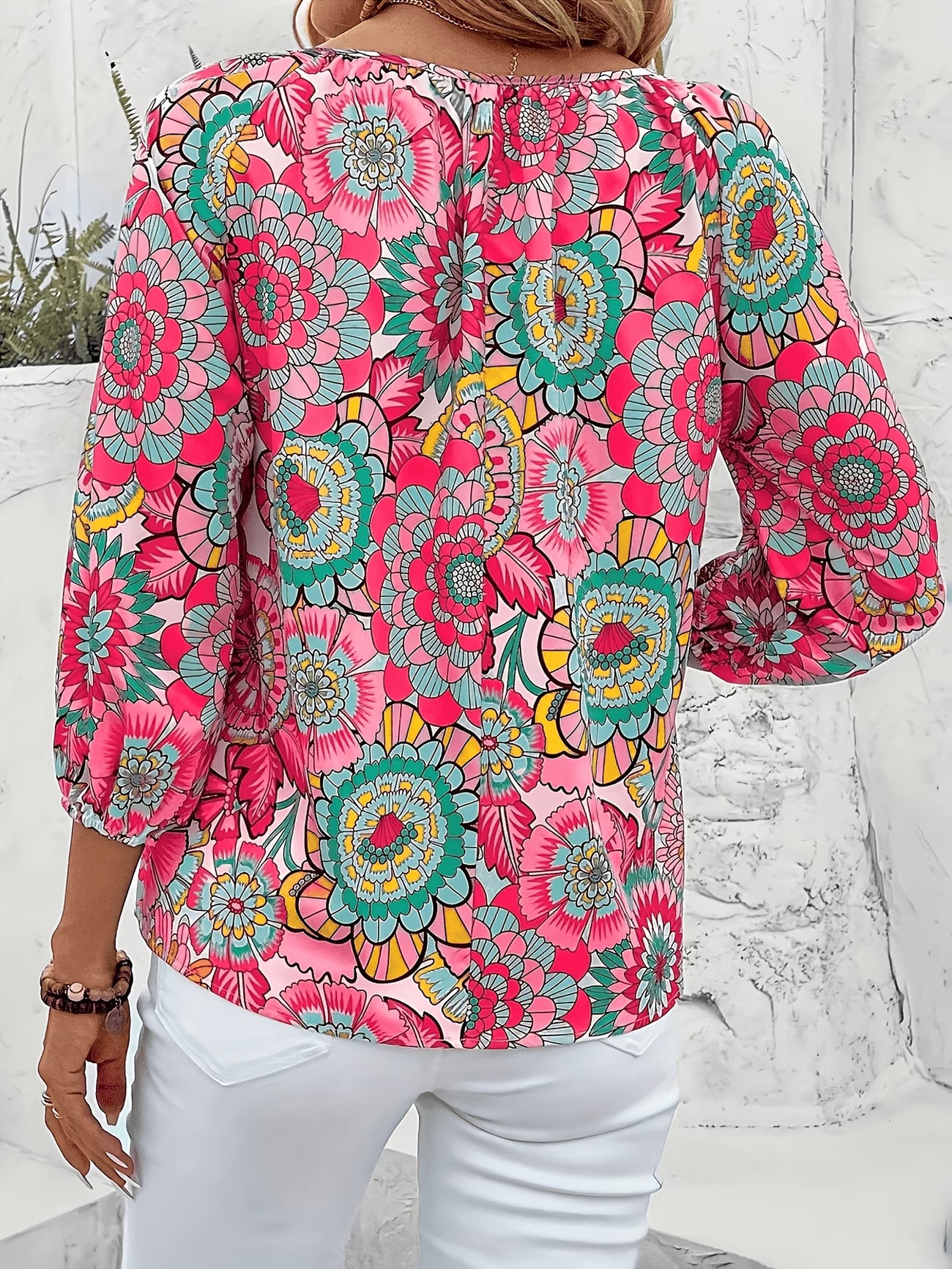 a Randomly Printed V-Neck Vacation Style Elegant Casual Shirt