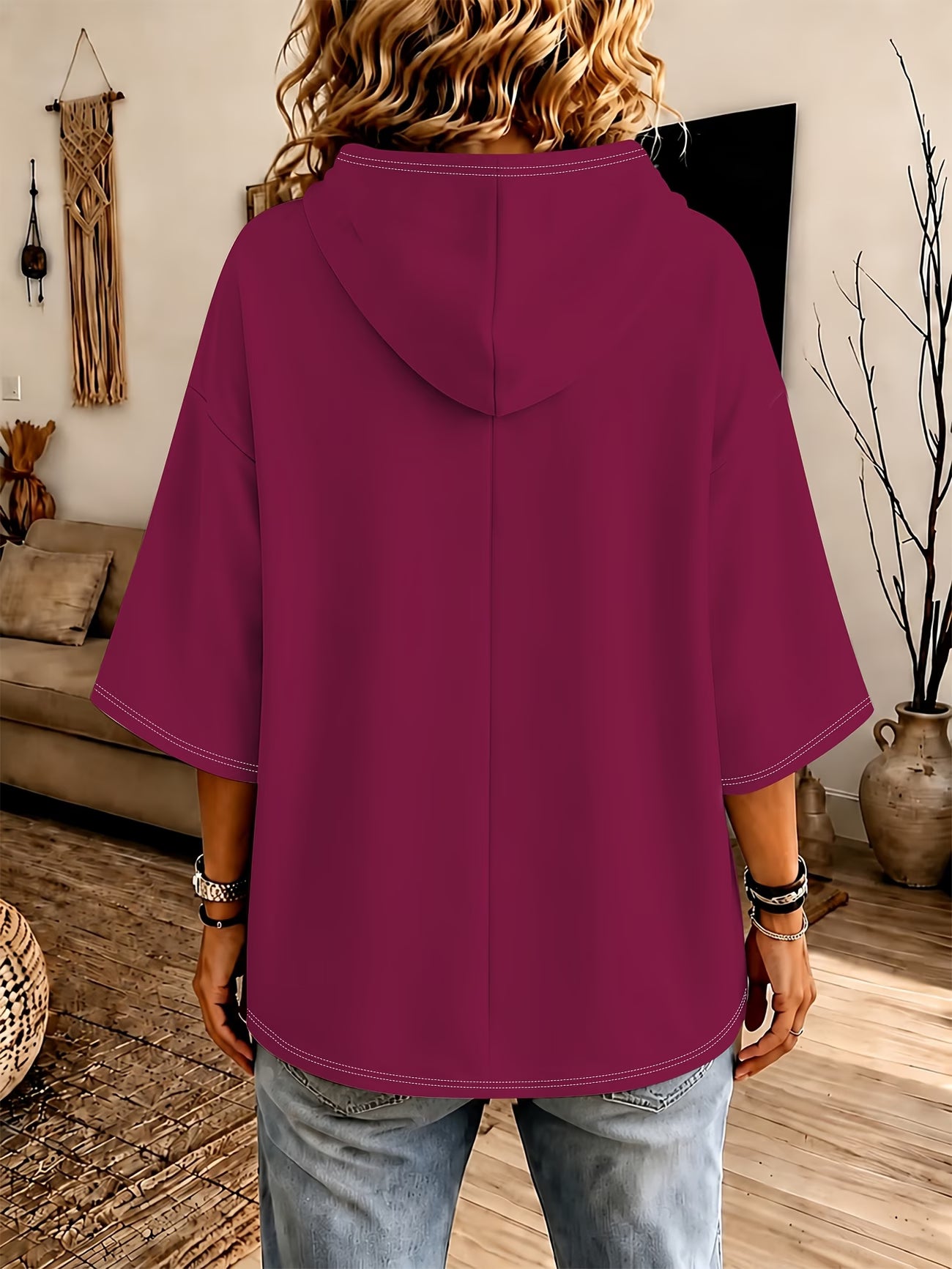 Purple & Red Leopard Striped Heart Print Three-Quarter Sleeve Hoodie