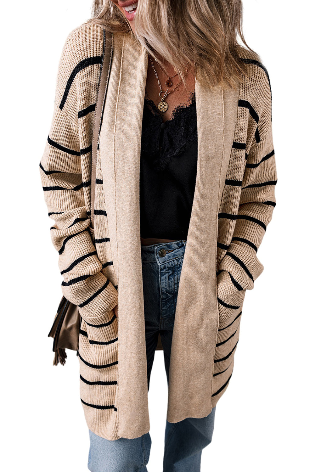 Black Striped Shawl Collar Open Cardigan with Pockets