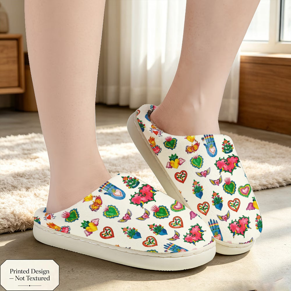 Hand-Painted Heart & Palm Pattern Soft Slippers