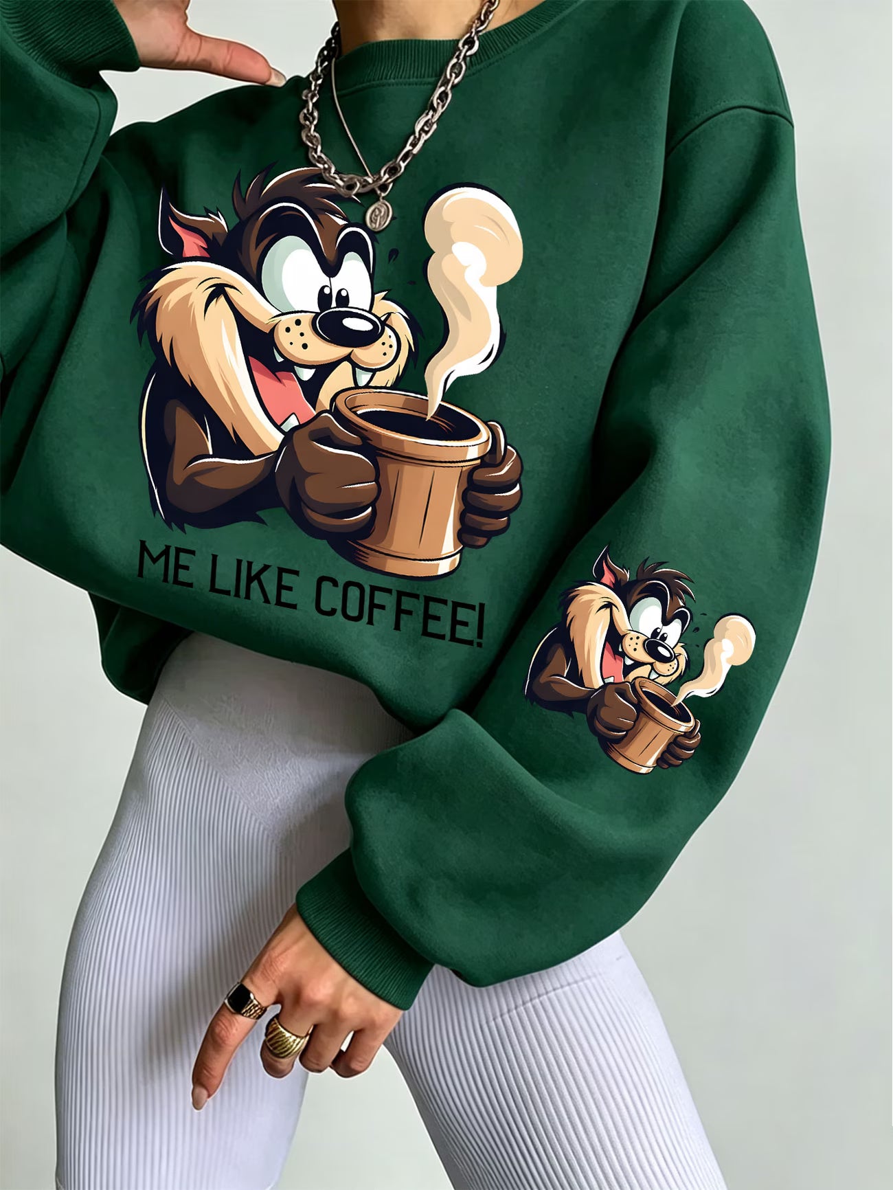 Looney Tunes Taz 'Me Like Coffee' Cartoon Print Crew Neck Sweatshirt