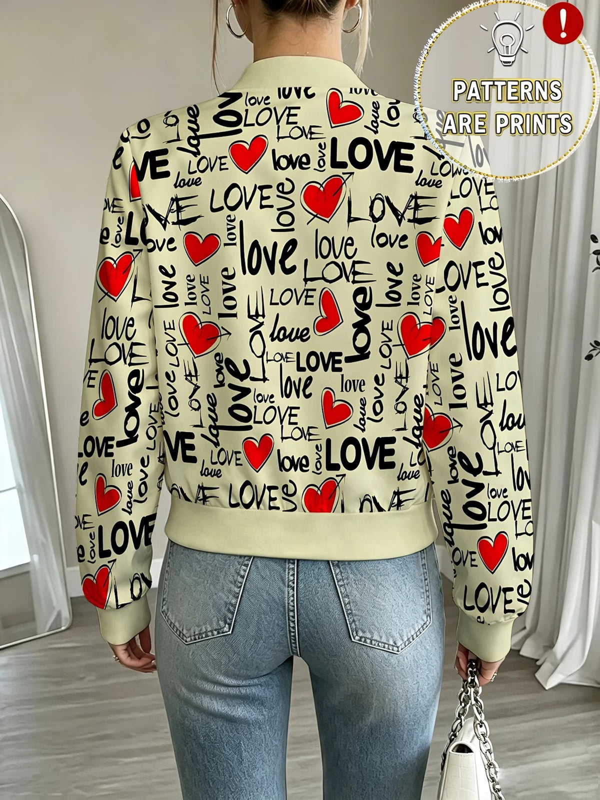 Women's Graffiti Heart & LOVE Print Zip-Up Baseball Jacket