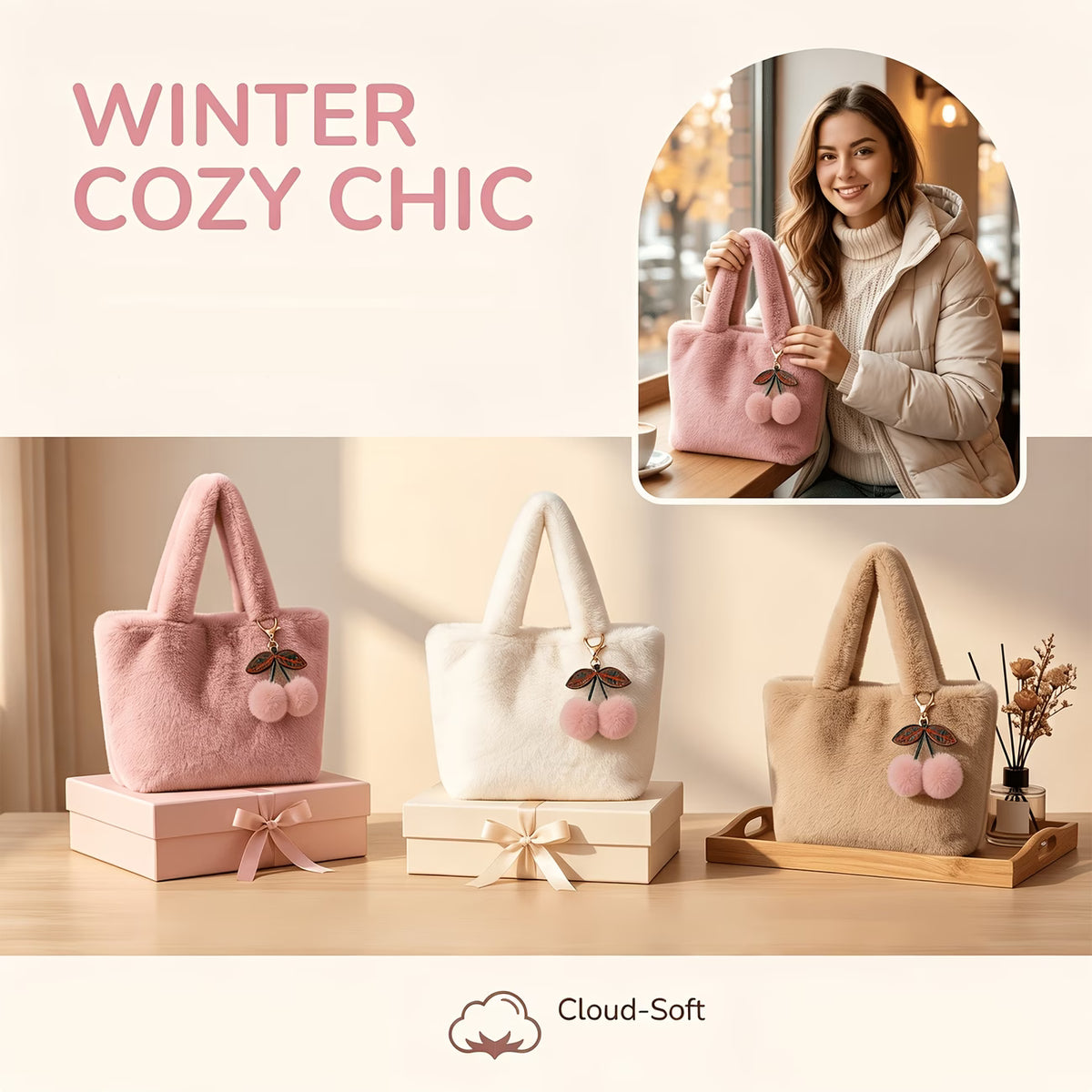 Women's Plush Tote Shoulder Bag with Cherry Pendant