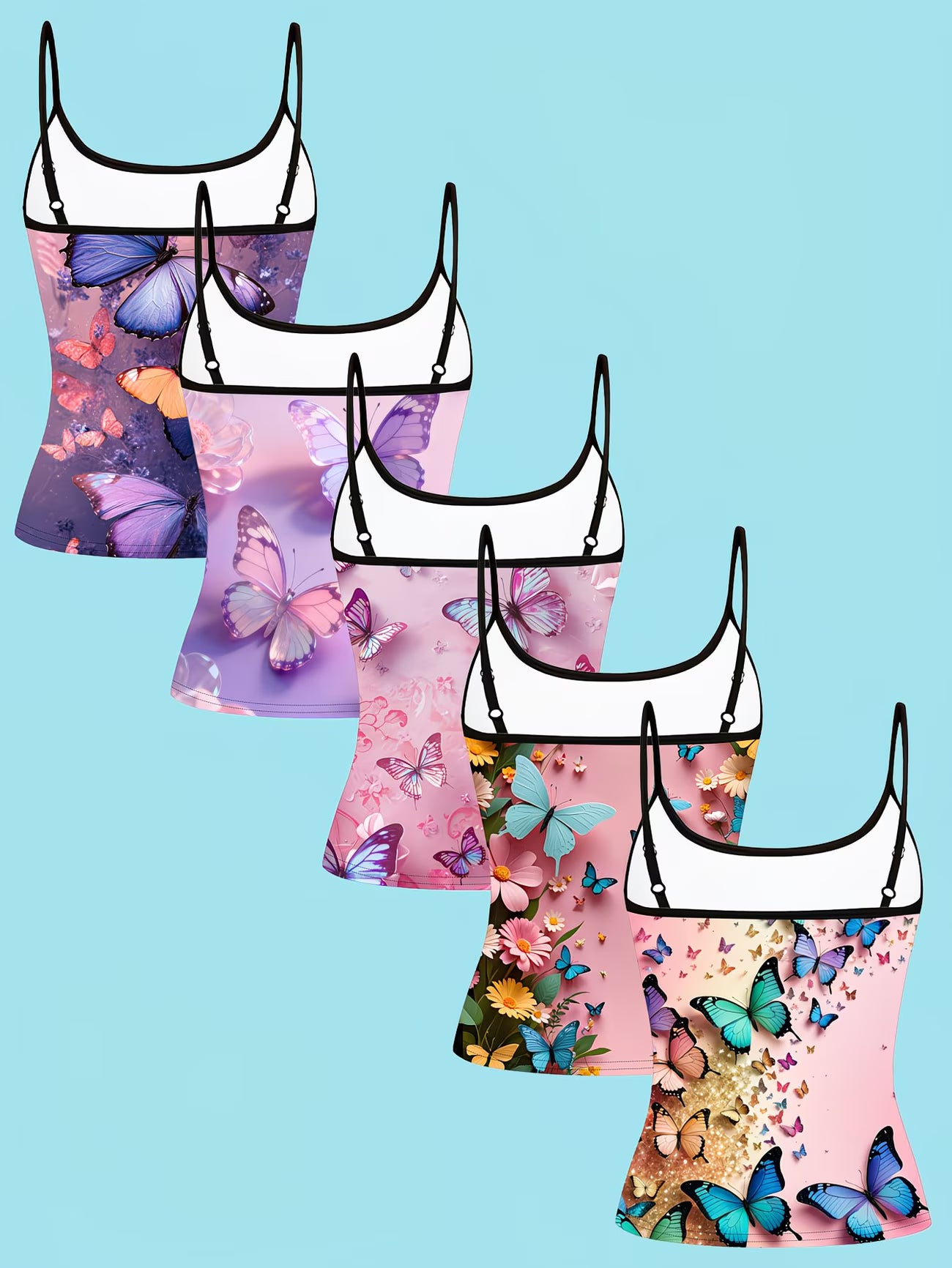 Colourful Butterfly Dance Print Camisole – 5-Piece Women's Spaghetti Strap Set